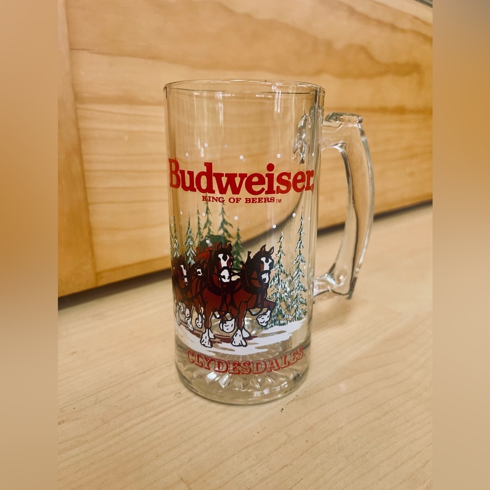 Vintage 1992 Budweiser Clydesdales Clear Glass 12 oz Christmas Beer Mug